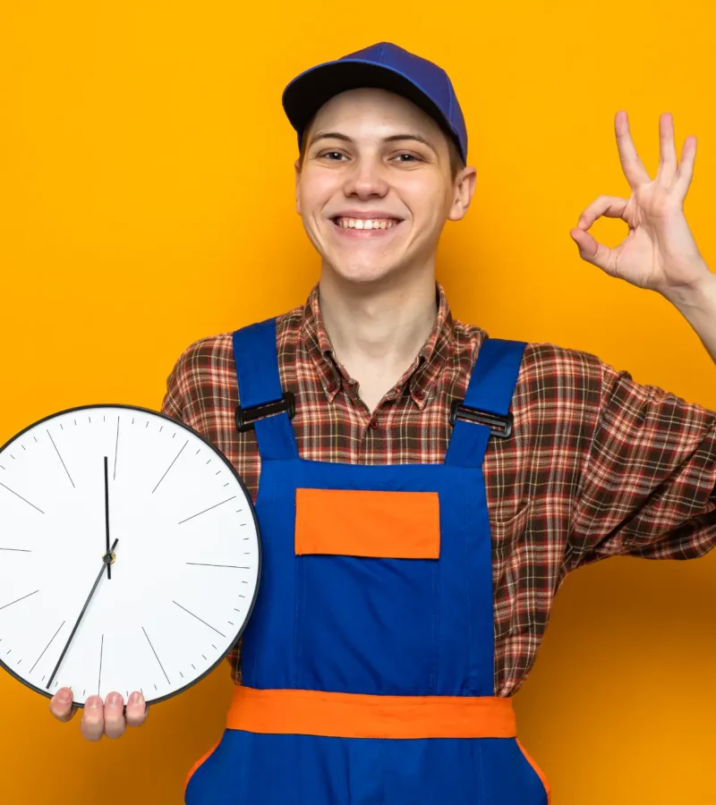 smiling-showing-okay-gesture-young-cleaning-guy-wearing-uniform-cap-holding-wall-clock